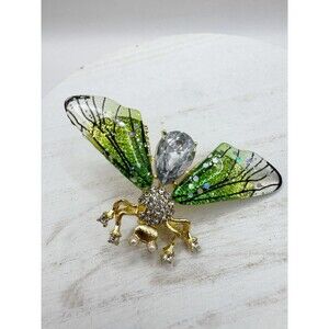 NEW Green Glitter Lucite Butterfly Dragonfly Brooch Pin Gold Tone Bug Jewelry